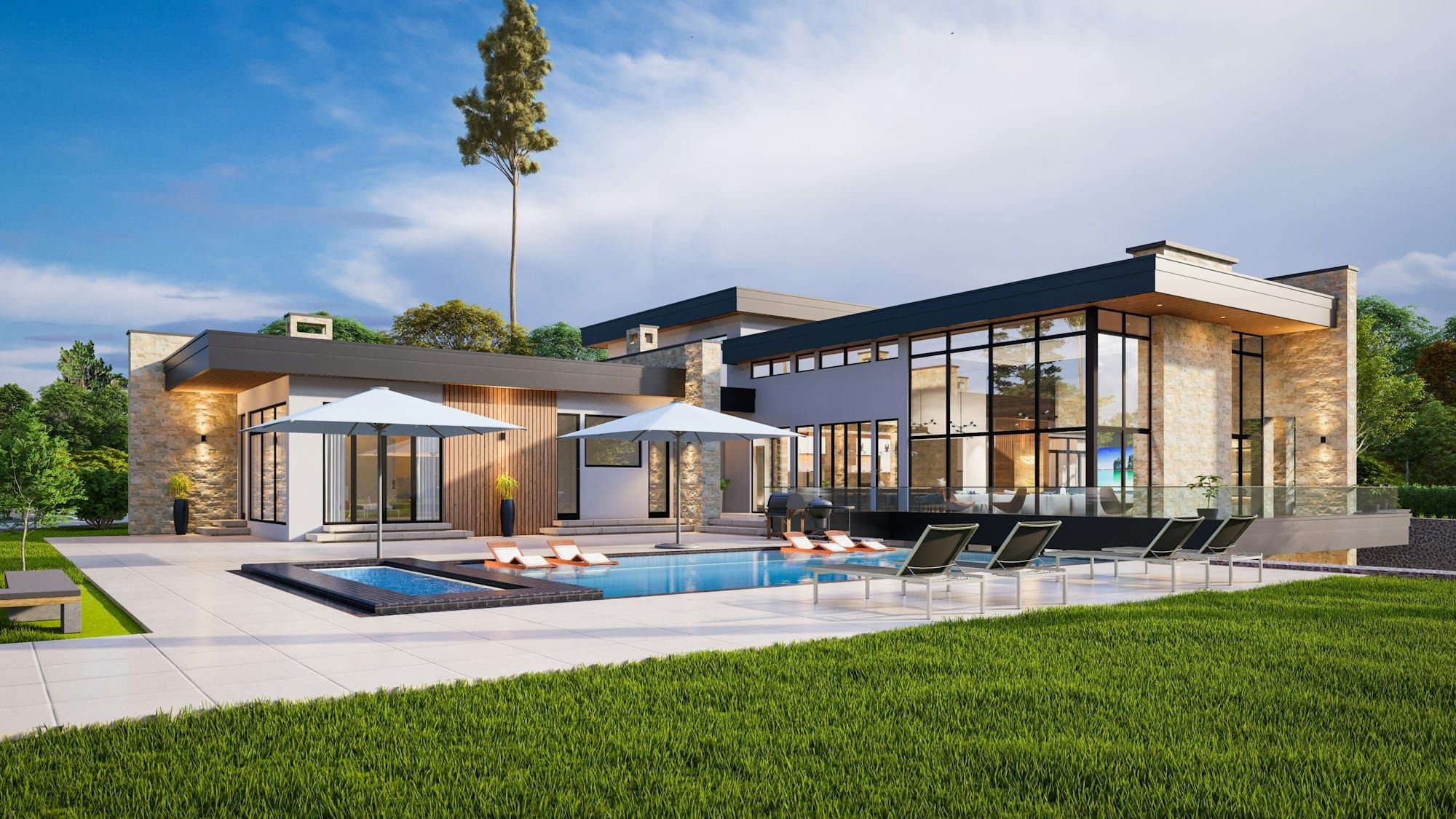 Casa moderna com piscina ao entardecer (foto ilustrativa)