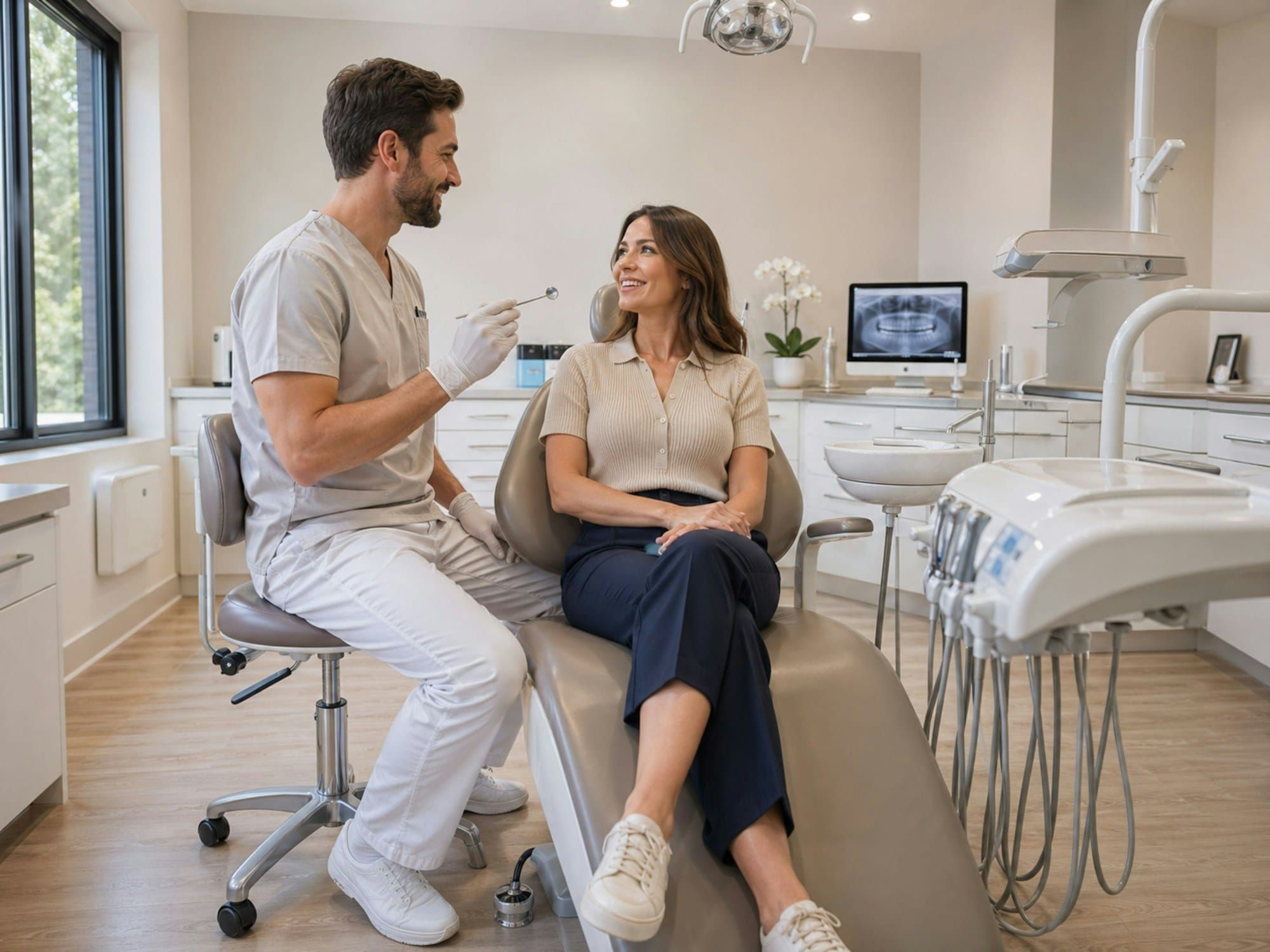 Dentista conversando com paciente no consultório (foto ilustrativa)